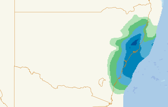 Pictured is a map of NSW showing dark blue patches where rain has fallen on the coast. 