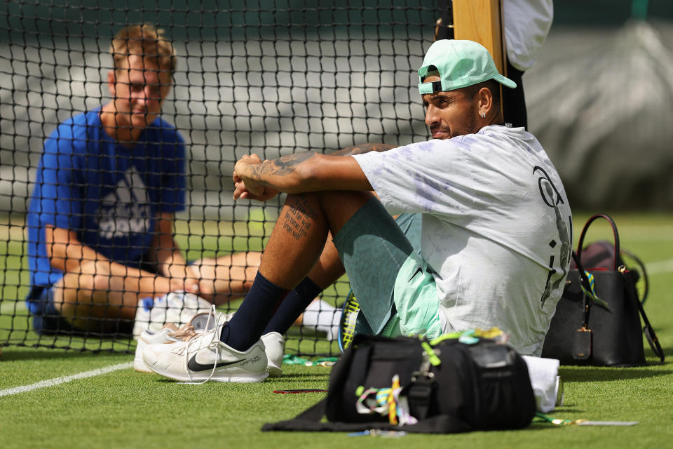 Nick Kyrgios, pictured here during a practice session at Wimbledon.