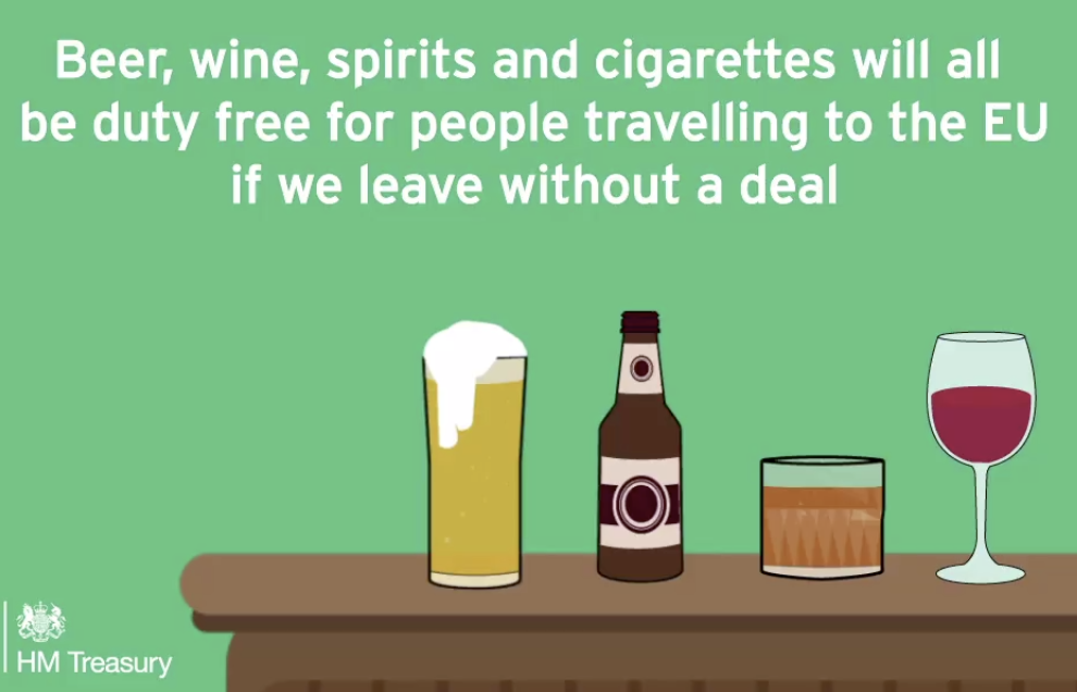 Three cheers? As this Treasury ad from 2019 indicates, British holidaymakers will be able to buy beer, spirits and wine without duty from 2021 (HM Treasury)