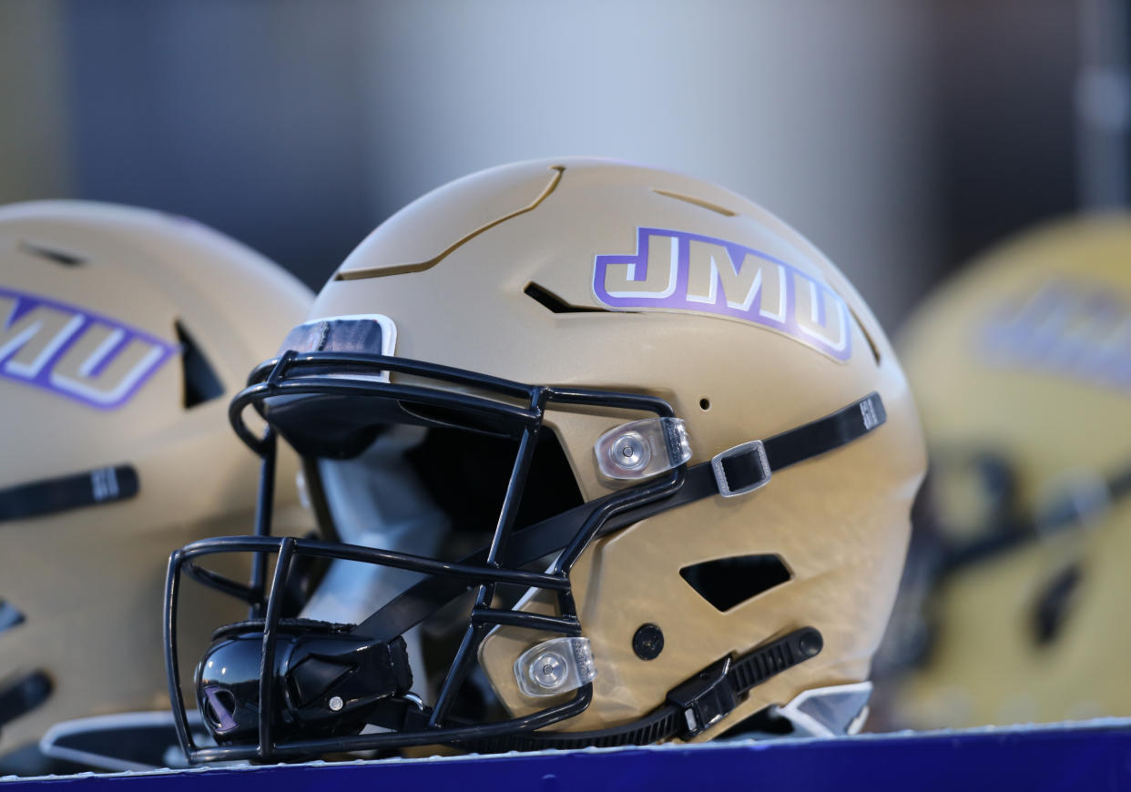 HARRISONBURG, VA - NOVEMBER 16: James Madison Dukes helmets resting on the sidelines during the game between the Richmond Spiders and the James Madison Dukes on November 16, 2019, at Bridgeforth Stadium on Zane Showker Field in Harrisonburg, VA. (Photo by Lee Coleman/Icon Sportswire via Getty Images)