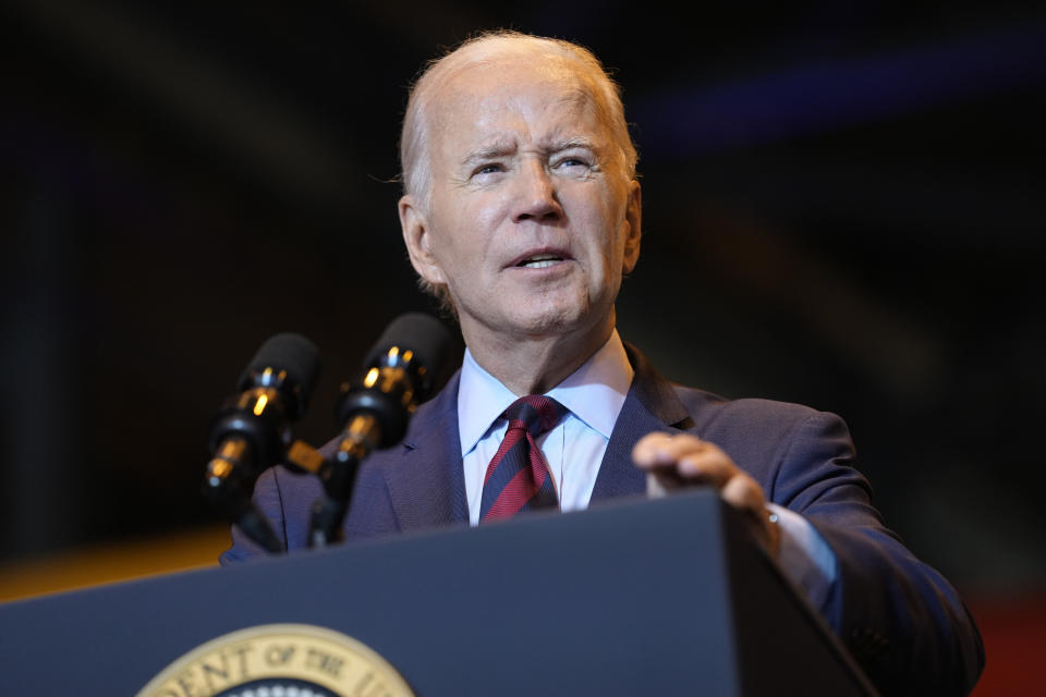 President Joe Biden speaks at a shipyard in Philadelphia, Thursday, July 20, 2023. Biden is visiting the shipyard to push for a strong role for unions in tech and clean energy jobs. (AP Photo/Susan Walsh)