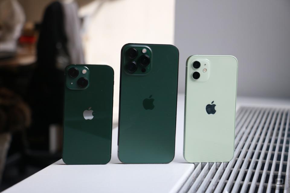 <p>A green iPhone 13 mini, an "Alpine green" iPhone 13 Pro Max and a green iPhone 12 standing on top of a surface with their backs facing the camera.</p>

