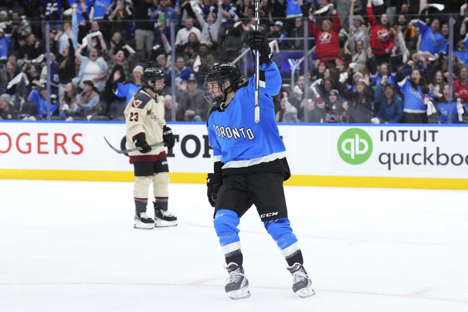Toronto's Victoria Bach celebrates after scoring against Montreal during the third period of a PWHL hockey game Friday, Feb. 16, 2024, in Toronto. (Chris Young/The Canadian Press via AP)