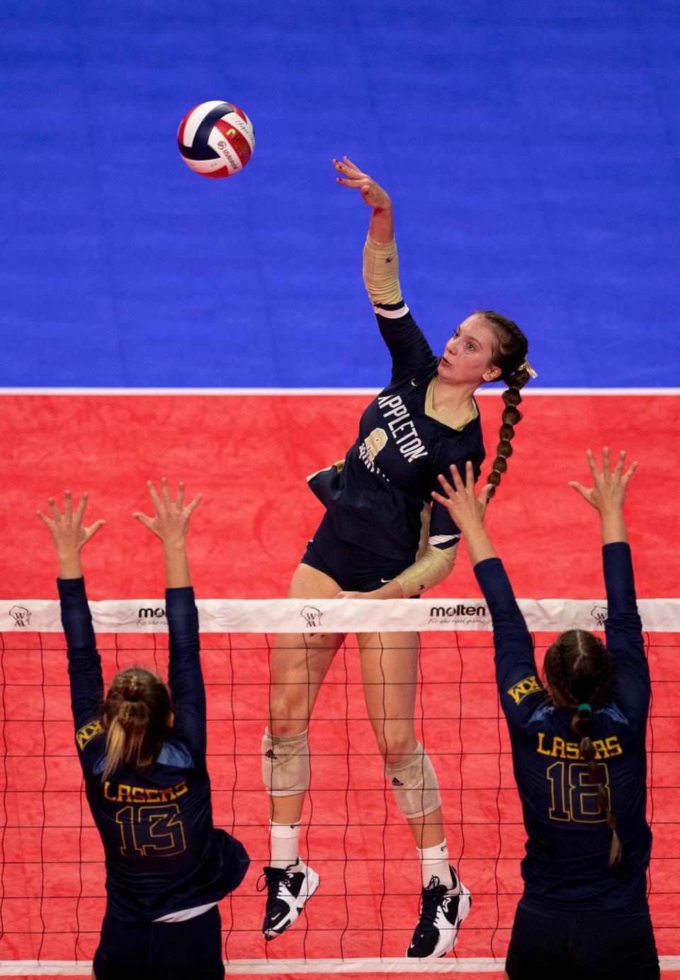 Appleton North's Ella Demetrician (8) hits the ball in the second set against Kettle Moraine during a WIAA Division 1 state quarterfinal against Kettle Moraine on Thursday.