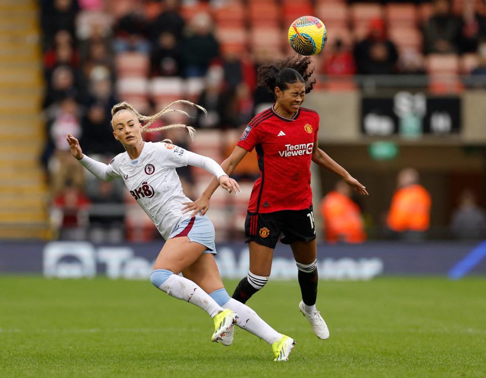 Soccer Football - Women's Super League - Manchester United v Aston Villa - Leigh Sports Village, Leigh, Britain - January 28, 2024 Aston Villa's Alisha Lehmann in action with Manchester United's Jayde Riviere Action Images via Reuters/Jason Cairnduff