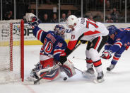 NEW YORK, NY - APRIL 14: Henrik Lundqvist #30 of the New York Rangers makes the first period save on Filip Kuba #17 of the Ottawa Senators in Game Two of the Eastern Conference Quarterfinals during the 2012 NHL Stanley Cup Playoffs at Madison Square Garden on April 14, 2012 in New York City. (Photo by Bruce Bennett/Getty Images)