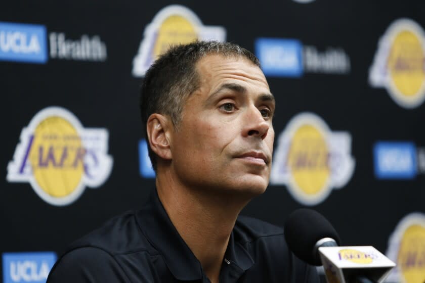 Los Angeles Lakers general manager Rob Pelinka speaks during the NBA basketball team's media day in El Segundo, Calif., Friday, Sept. 27, 2019. (AP Photo/Ringo H.W. Chiu)