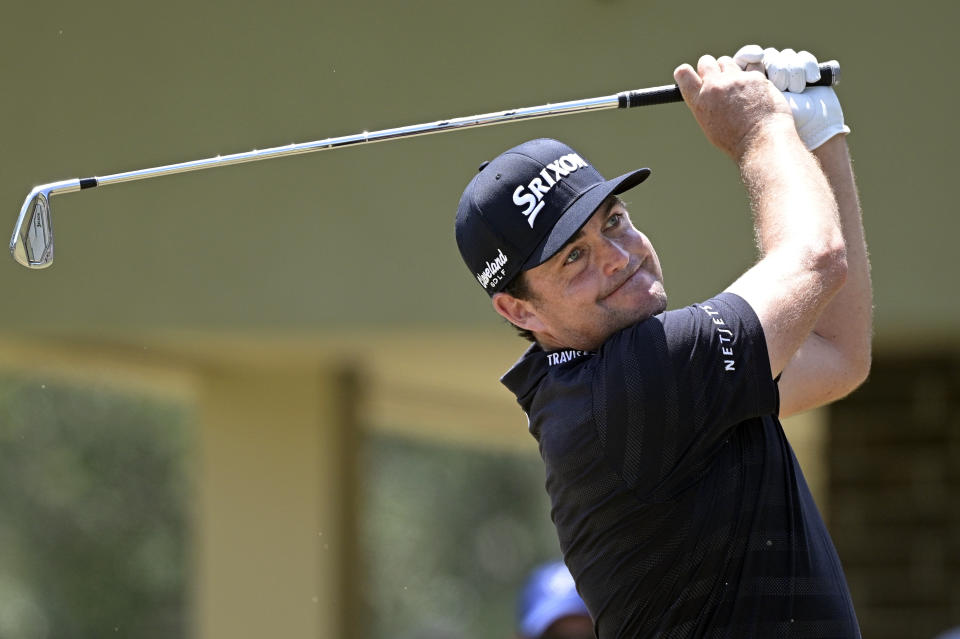 Keegan Bradley tees off on the second hole during the final round of the Valspar Championship golf tournament, Sunday, May 2, 2021, in Palm Harbor, Fla. (AP Photo/Phelan M. Ebenhack)