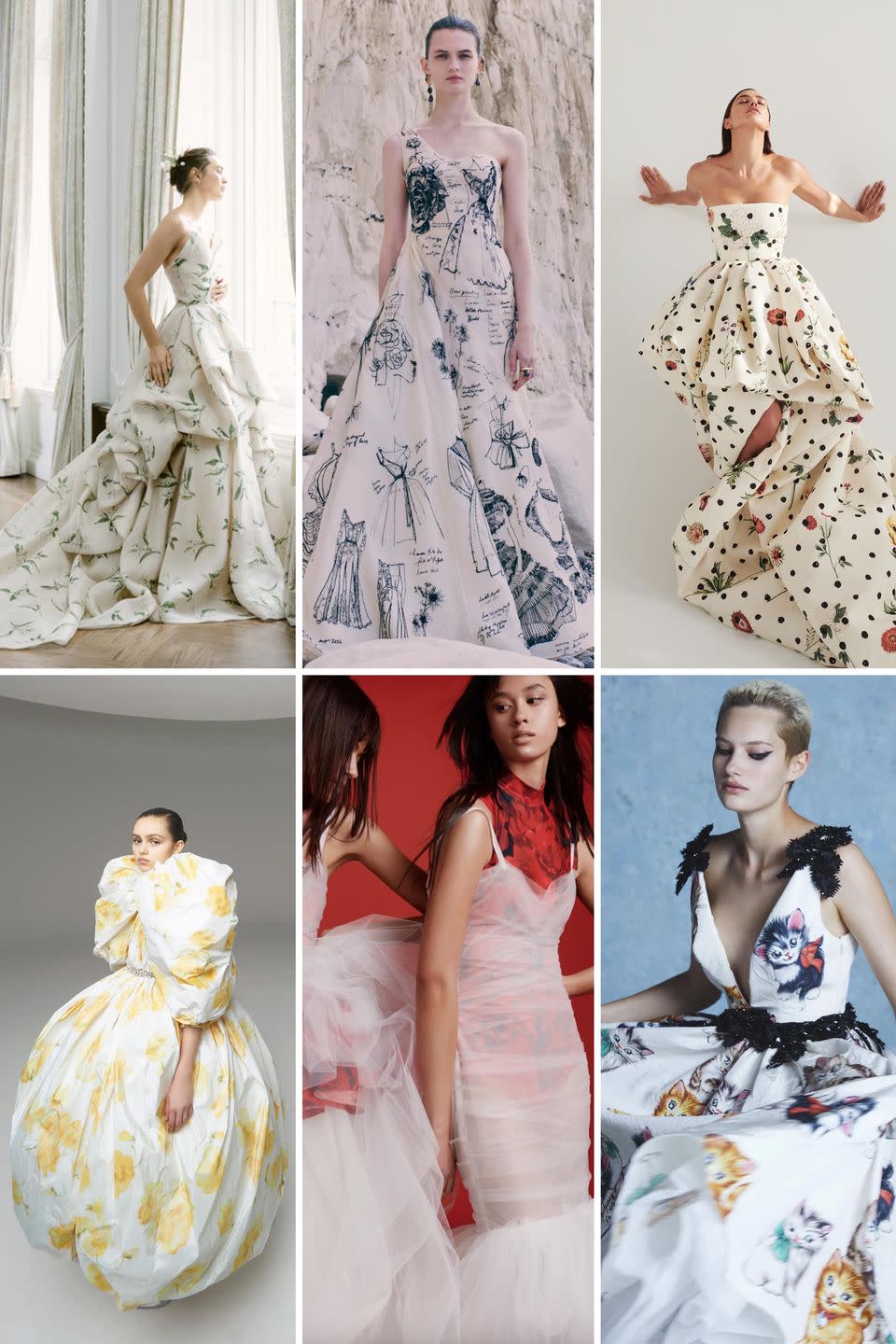 <p>This trend goes beyond florals and pops of color. Emerging from a year like 2020, 2021 is all about bold and playful prints that make us smile, done in chic new ways. Whether it be all-over graphic blooms or characterizing designs a la Monique Lhuillier's Lily of the Valley, Miu Miu's cat-c0vered gown, or Alexander McQueen's vintage fashion sketched frock, this is for the bride who plans to throw caution to the wind once stay at home orders are lifted and gatherings commence once more. </p><p>In short: you can have fun with fashion and play dress up, even for moments as epic as your ceremony. </p><p><em>Clockwise from left: Monique Lhuillier Bridal Fall 2021; Alexander McQueen Resort 2021; Oscar de la Renta Pre-Fall 2021; Giambattista Valli Spring 2020 Haute Couture; Vera Wang Fall 2021; Miu Miu Resort 2021.</em></p>