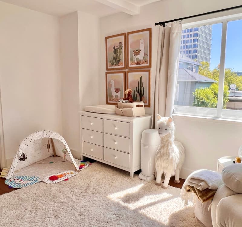 Plush toys in baby nursery.