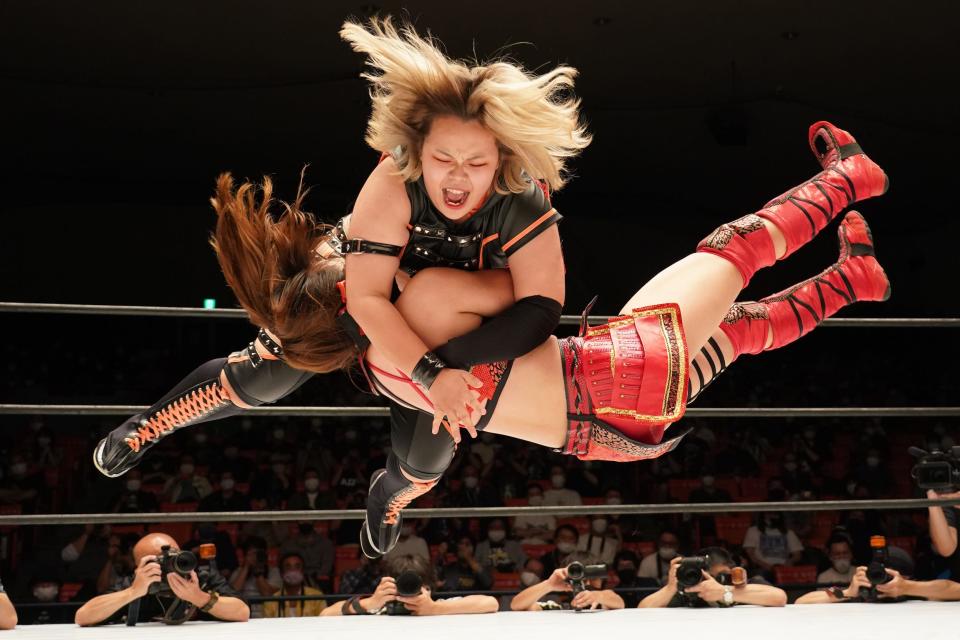 Ruaka and Shuri compete during the Women's Pro-Wrestling "Stardom" at Korakuen Hall in Tokyo, Japan.