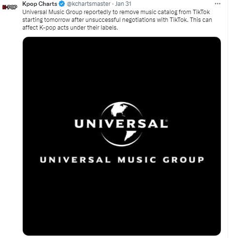 環球音樂集團（UMG）若撤回在TikTok的音樂，也將重創KPOP。（圖／翻攝自X）