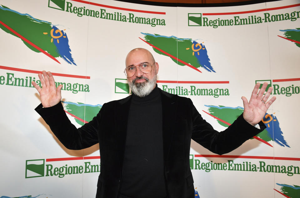 Center-left candidate Stefano Bonaccini meets the media after polls closed in a regional election for the region of Emilia Romagna, in Bologna, Italy, late Sunday, Jan. 26, 2020. Nearly complete results Monday, Jan. 27, 2020, of balloting for the governorship of the prosperous Emilia-Romagna region had the League's candidate some 8 percentage points behind the 51.4 percent garnered in Sunday's balloting, by the incumbent governor, of the center-left Democrats, Bonaccini. (Massimo Paolone/LaPresse via AP)