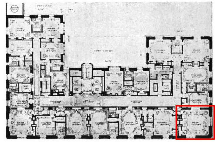 A red outline marks the location of the Paleys' living room on a floor plan of the St. Regis that was published in the Architectural Record in 1904. It is now a condominium apartment. Author’s collection.