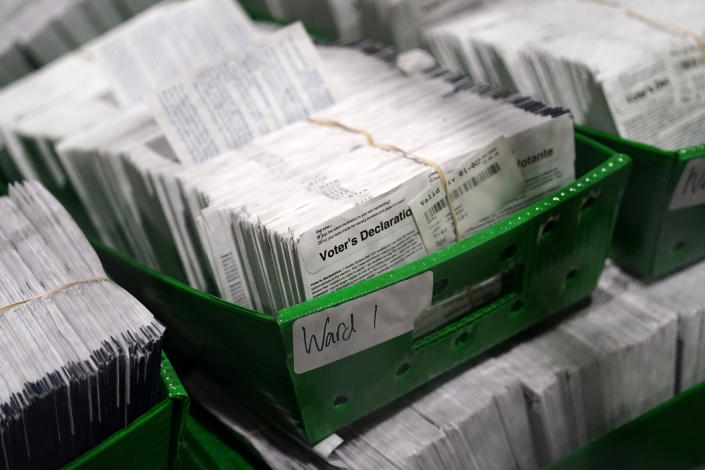 Ballots for the 2020 general election at Philadelphia's mail-in ballot sorting and counting center