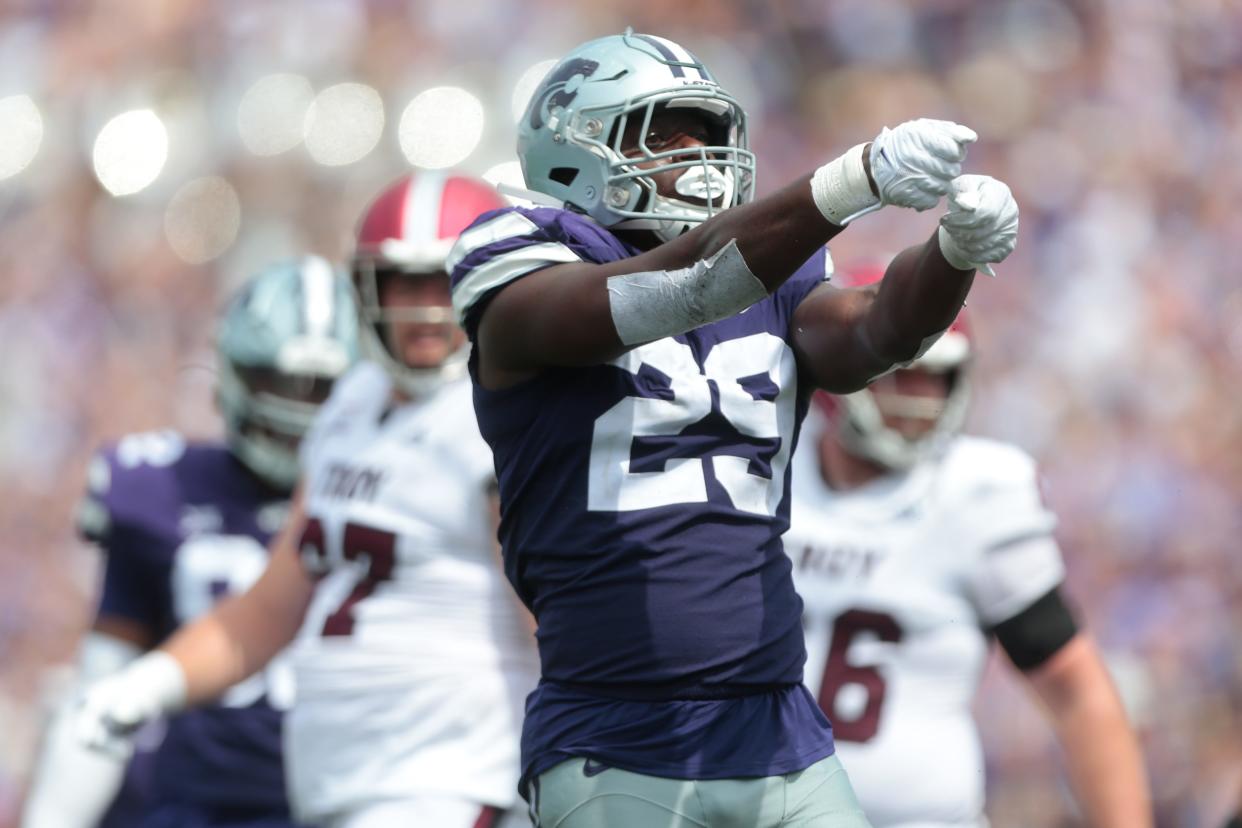 Kansas State defensive end Khalid Duke (29) celebrates after sacking Troy quarterback Gunnar Watson during their game last November at Bill Snyder Family Stadium. Duke signed with the Tennessee Titans as an undrafted rookie free agents Saturday.