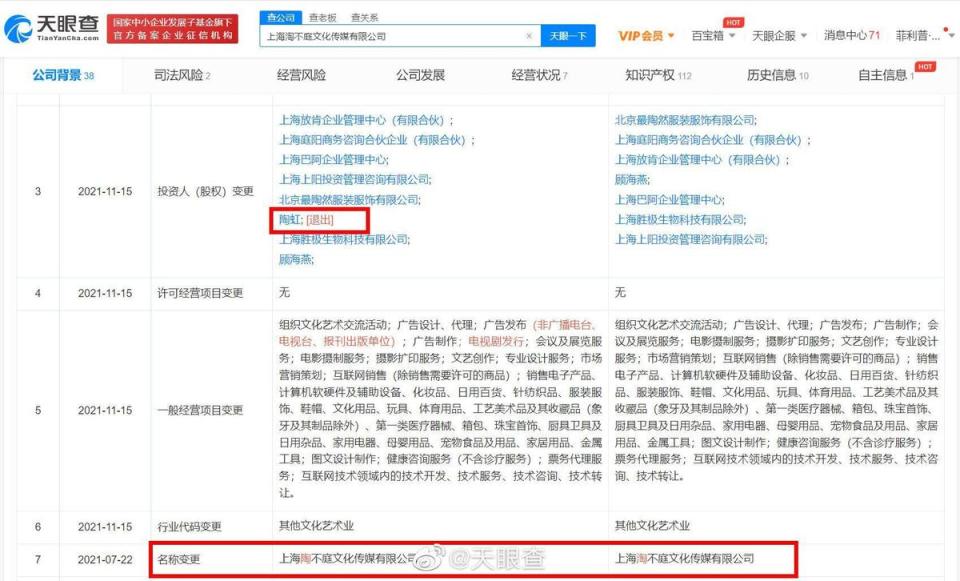 網友查出陶虹已退出張庭以兩人名字命名的「陶不庭文化傳媒」。（微博圖片）