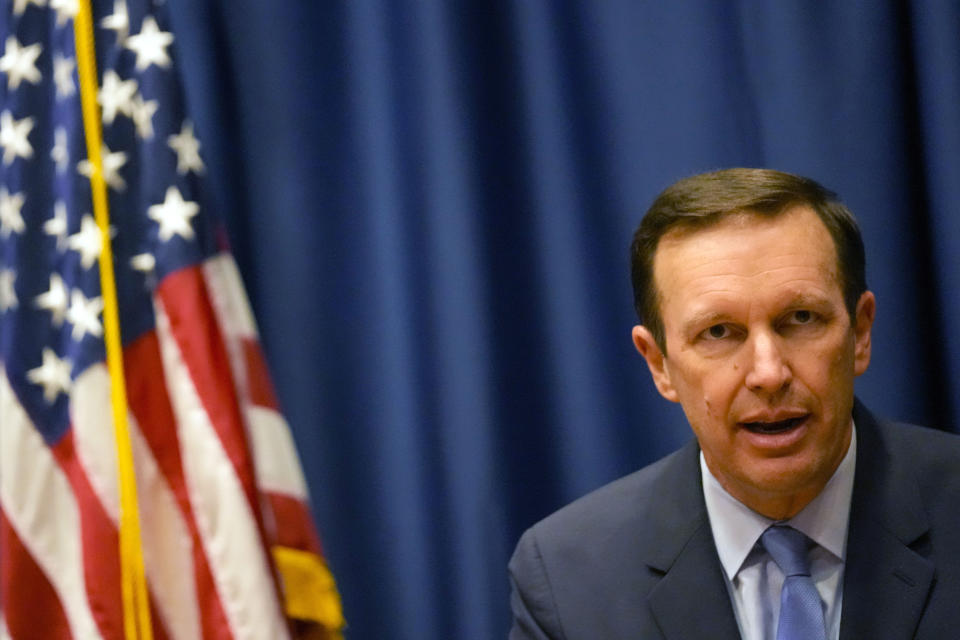 U.S. Sen. Chris Murphy, D-Conn. speaks during a press conference in the U.S. embassy in Belgrade, Serbia, Thursday, May 25, 2023. Washington and Brussels have stepped up efforts to help solve the Kosovo-Serbia dispute, fearing further instability in Europe as the war rages in Ukraine. (AP Photo/Darko Vojinovic)