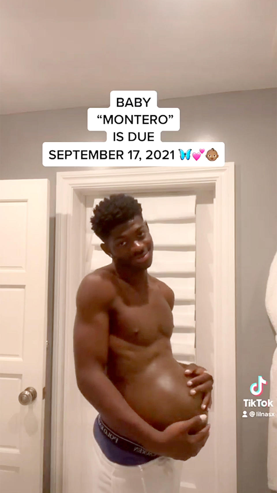 Lil Nas X shared several images showing him with a prosthetic pregnancy bump on Instagram.  (lilnasx / TikTok)