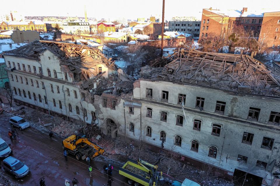 A general view this morning shows the damage sustained by a building hit last night by a Russian missile strike (REUTERS)