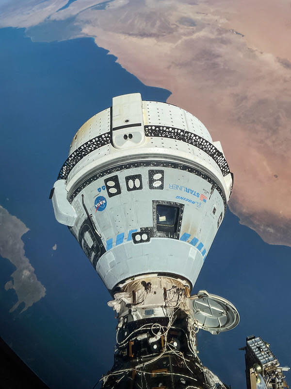 Boeing's Starliner spacecraft, seen docked at the International Space Station as it passed over northern Africa approaching the Nile Delta in Egypt. / Credit: NASA