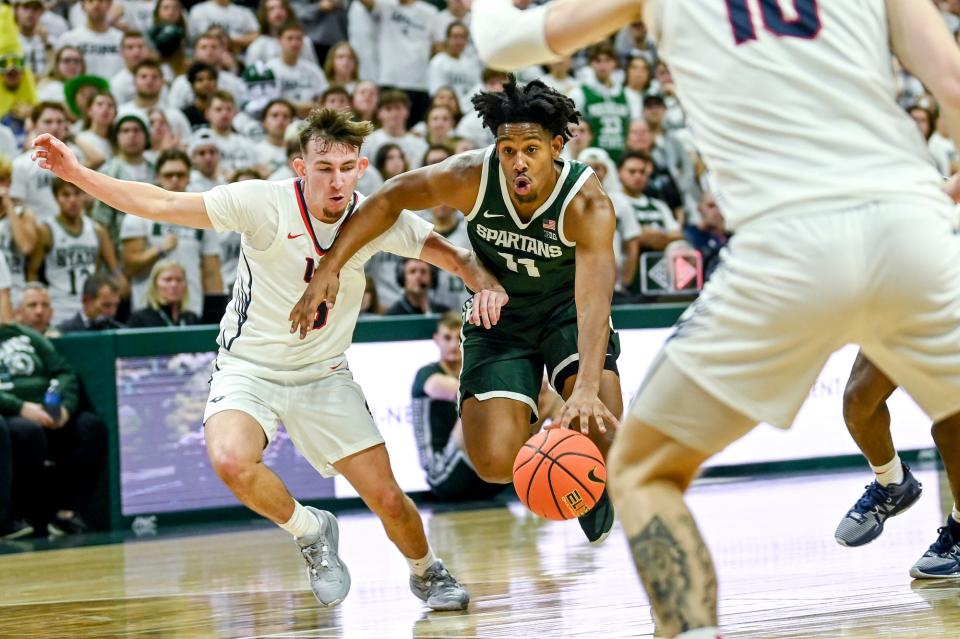 Michigan State's A.J. Hoggard, right, moves the ball as Southern Indiana's Jack Campion defends during the second half on Thursday, Nov. 9, 2023, at the Breslin Center in East Lansing.