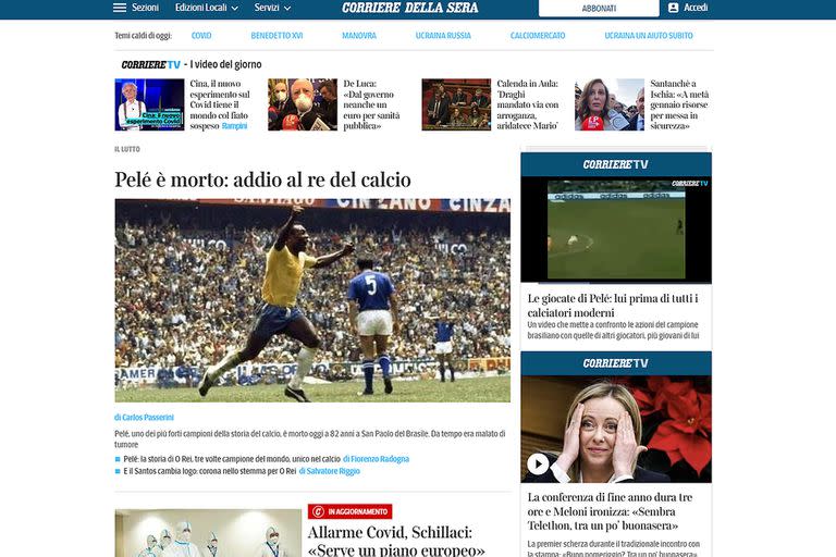 La muerte de Pelé, según Corriere della Sera