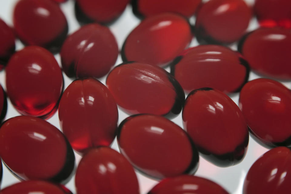 Krill oil softgel pills are seen in New York on Saturday, Sept. 30, 2023. Omega-3 supplements — krill or otherwise — haven’t been shown to reduce the risk of heart disease, according to the National Institutes of Health. (AP Photo/Patrick Sison)