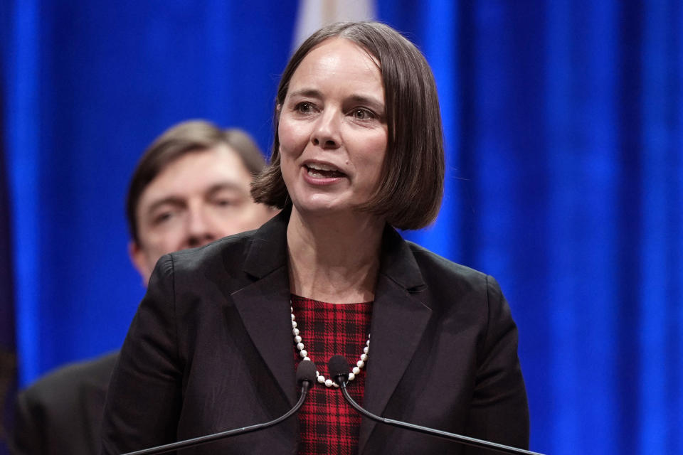 Maine Secretary of State Shenna Bellows speaks at an event on Jan. 4, 2023, in Augusta, Maine. / Credit: AP Photo/Robert F. Bukaty