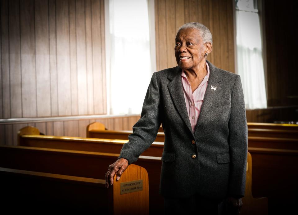 Flinora Frazier, the grand daughter of Penick Chapel AME Zion Church founder, Rev. Sidney Penick, is photographed in the church which was founded in 1889, on Tuesday, March 1, 2022, in the Norwood neighborhood of Indianapolis. The Norwood neighborhood was a Freetown founded and built by Civil War veterans in the 1860s, and Frazier is a direct descendant of those founders. 