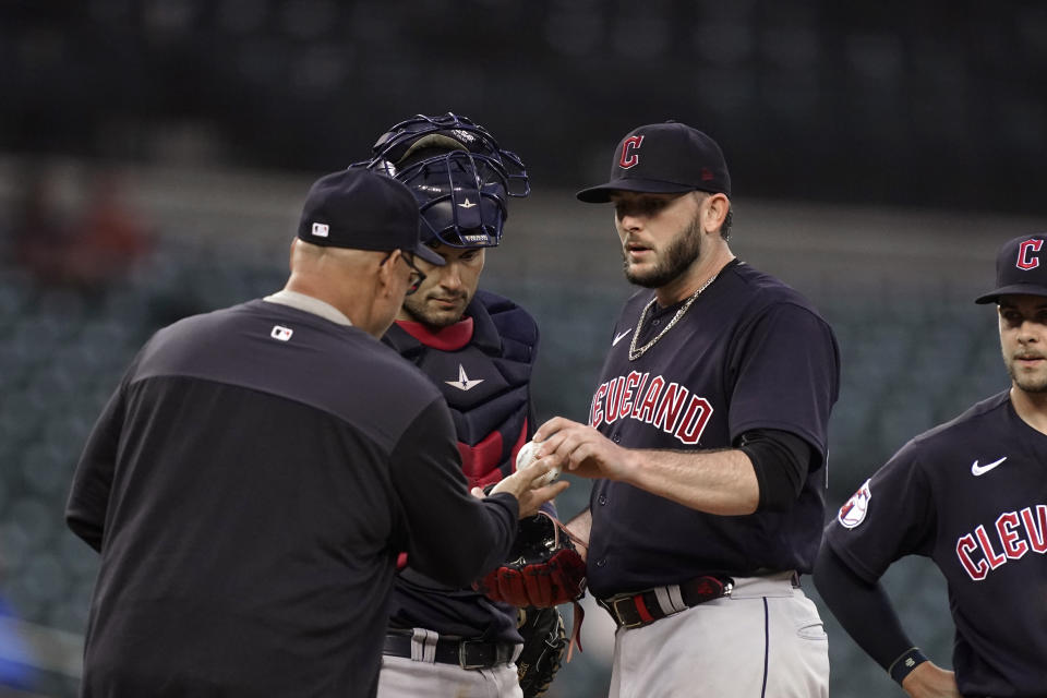 Cleveland Guardians starting pitcher Konnor Pilkington is pulled by manager Terry Francona during the fourth inning of a baseball game against the Detroit Tigers, Thursday, May 26, 2022, in Detroit. (AP Photo/Carlos Osorio)