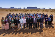 Utah Gov. Spencer J. Cox, U.S. Secretary of the Interior Deb Haaland and Jonathan Nez, president of the Navajo Nation gather with and Mitt Romney and local officials after signing the agreement for the Navajo federal reserved water rights settlement Friday, May 27, 2022 (Rick Egan/The Salt Lake Tribune via AP)