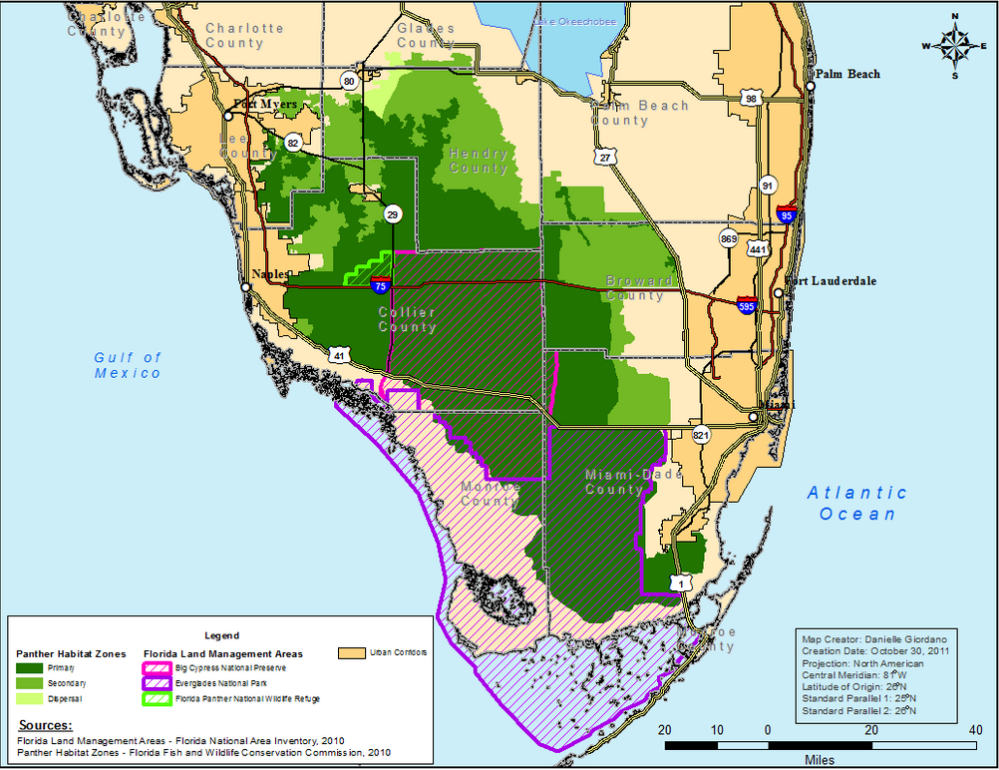 Where the Florida panther is typically found (green indicates prominent areas).