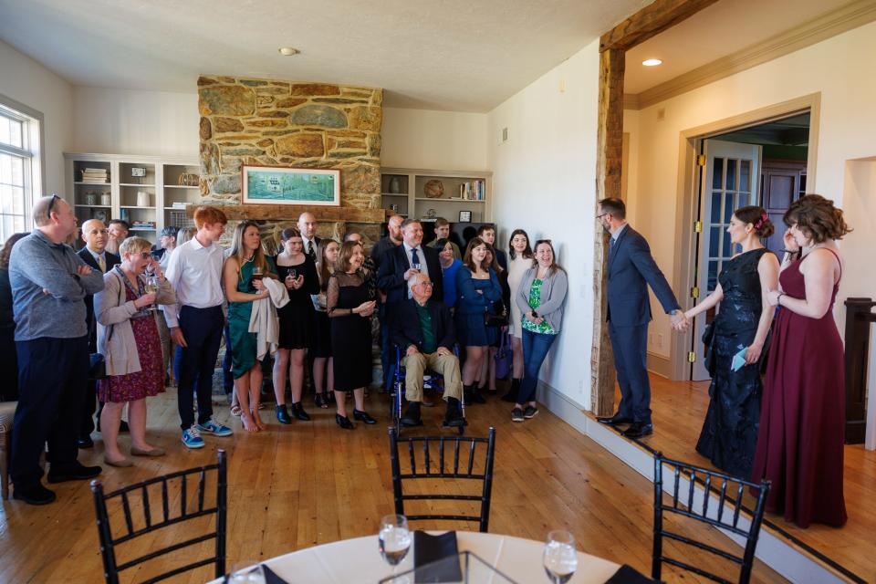 Amy Milrose and Chad Van Laeys reveal the "surprise birthday party" is their surprise wedding ceremony, Friday, March 29, 2024, at Wynridge Farms in York Township.