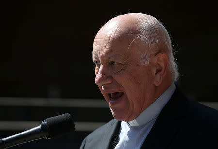 Cardinal of Santiago Ricardo Ezzati speaks to the media after Pope Francis accepted his resignation as archbishop of Santiago, in Santiago, Chile, March 23, 2019. REUTERS/Stringer