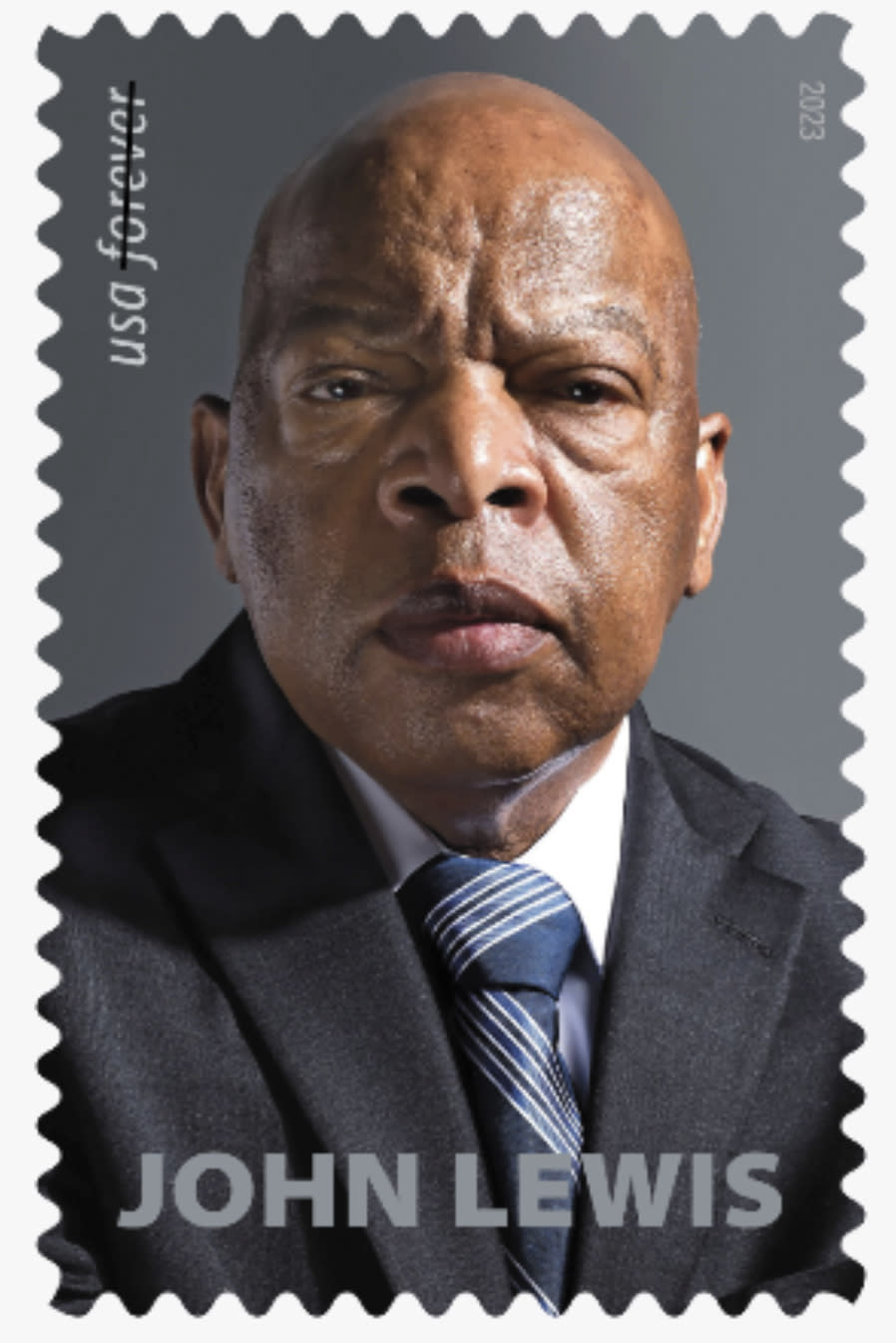 This image provided by the U.S. Postal Service on Tuesday, Dec. 13, 2022, shows a new postage stamp honoring the late congressman and civil rights giant John Lewis. (U.S. Postal Service via AP0