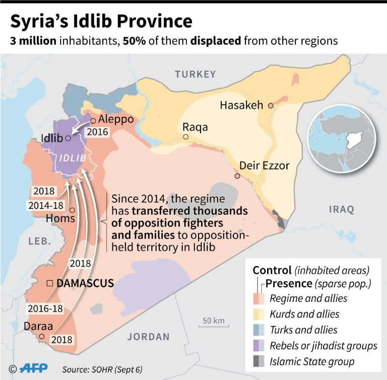 Map of Syria showing populations displaced to Idlib Province by the regime