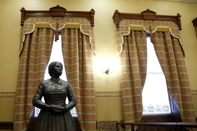 A bronze statue of abolitionist Harriet Tubman at the Maryland State House
