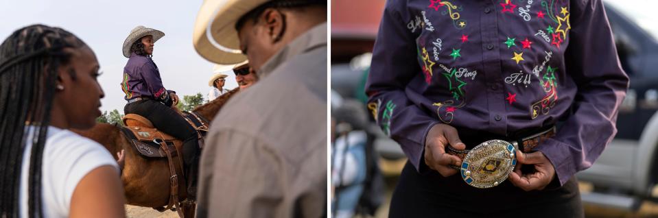 LEFT: Staci Russell, 39, of Belleville, sits atop her horse, Reese's Cup, before taking part in the opening ceremony during the second day of the 2023 Midwest Invitational Rodeo at the Wayne County Fairgrounds in Belleville on Saturday, June 10, 2023. RIGHT: Staci Russell, 39, of Belleville, tightens her belt while holding her 2017 Cowgirls Barrel Racing Year End Champion buckle from the Mid States Rodeo Association, while getting ready to take part in the opening ceremony before competing in the barrel racing.