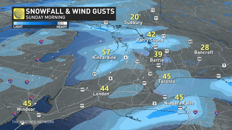 Ontario snowfall wind gusts Sunday morning