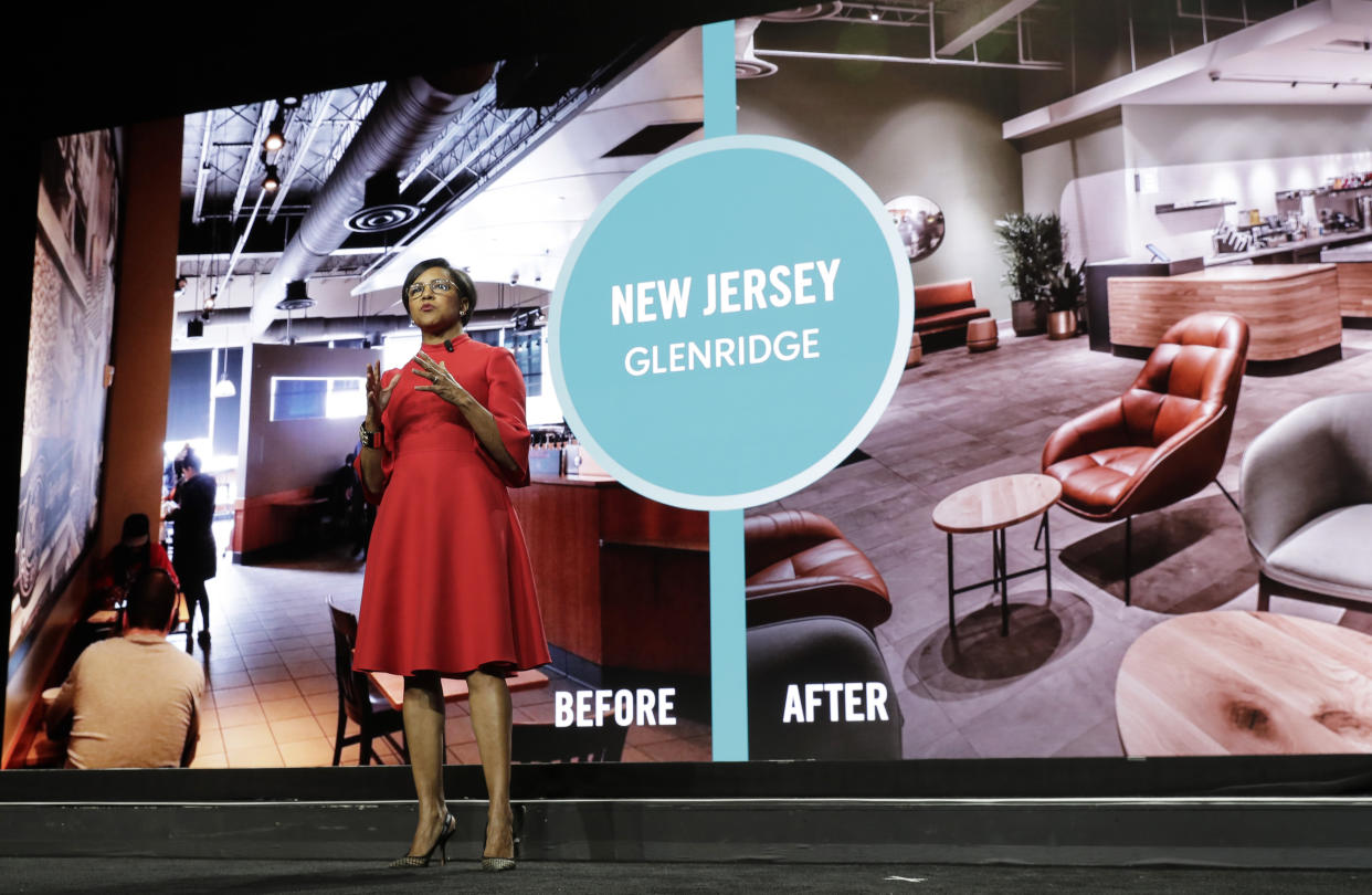 FILE - Starbucks COO Roz Brewer talks about the proposed redesign of a Starbucks store in New Jersey as she speaks Wednesday, March 20, 2019, during the company's annual shareholders meeting in Seattle. Walgreens has tapped Roz Brewer as its new CEO, which will make her the only Black woman currently leading a Fortune 500 company. Brewer will take over as Walgreens CEO on March 15, 2021 after a little more than three years as Starbucks' chief operating officer. (AP Photo/Ted S. Warren, file)