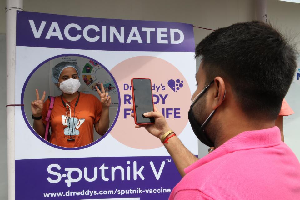 An Corporate worker  selfie  after receiving a dose of a Russian Covid-19 Vaccine  Sputnik V at a vaccination centre on June 12,2021 in Kolkata,India. (Photo by Debajyoti Chakraborty/NurPhoto via Getty Images)