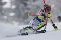 Germany's Lena Duerr speeds down the course during an alpine ski, women's World Cup slalom, in Spindleruv Mlyn, Czech Republic, Saturday, Jan. 28, 2023. (AP Photo/Giovanni Maria Pizzato)