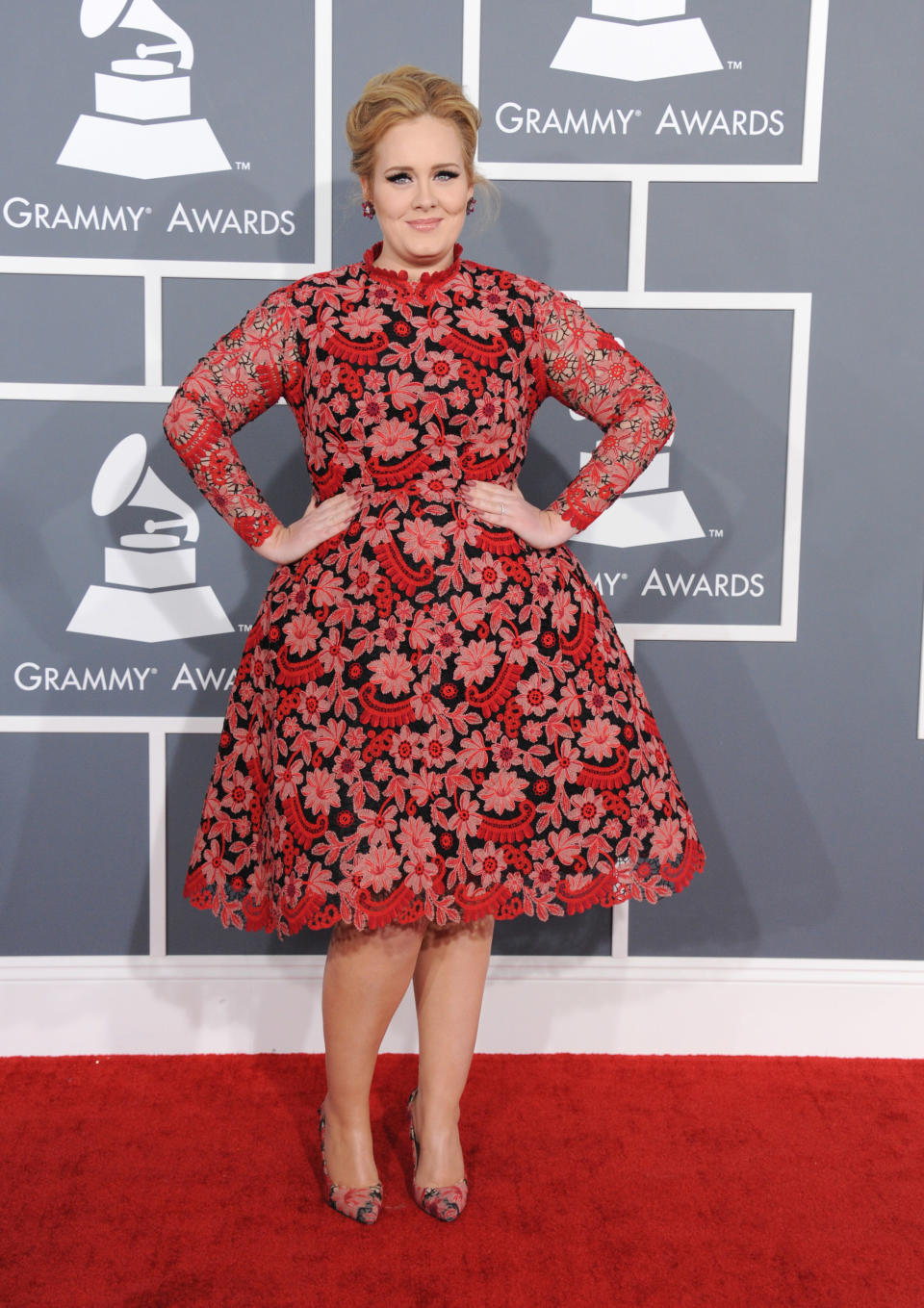 Adele arrives at the 55th annual Grammy Awards on Sunday, Feb. 10, 2013, in Los Angeles.  (Photo by Jordan Strauss/Invision/AP)