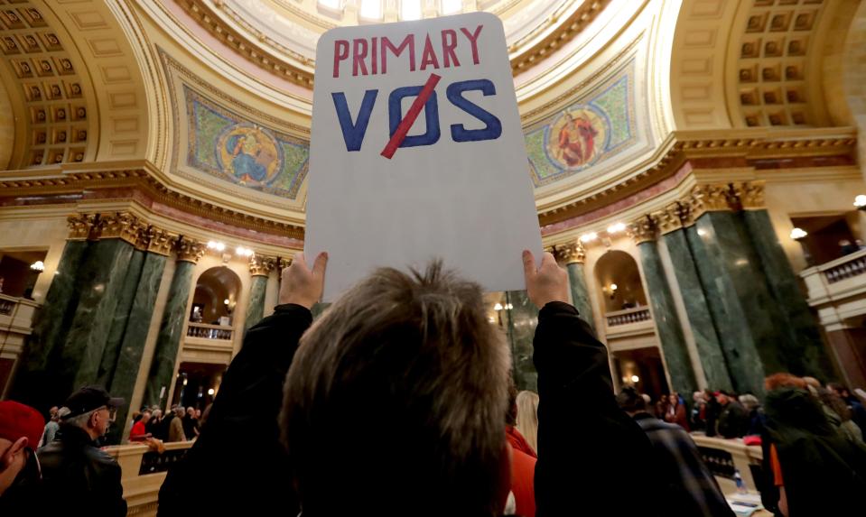 man encourages a primary fight against Assembly Speaker Robin Vos as people gather at a rally supporting the legally impossible act of overturning Wisconsin's 2020 presidential election Tuesday, February 15, 2022 at the Capitol in Madison, Wis. MARK HOFFMAN/MILWAUKEE JOURNAL SENTINEL