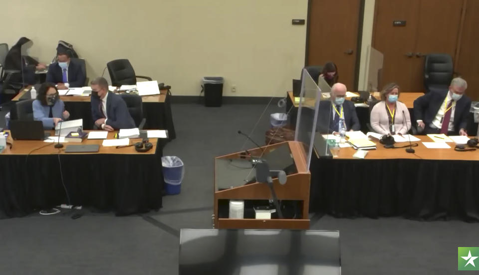 CORRECTS YEAR OF INCIDENT TO 2021 NOT 2020 In this screen grab from video, members of the prosecution and defense are seen as Hennepin County Judge Regina Chu presides over jury selection Tuesday, Nov. 30, 2021, in the trial of former Brooklyn Center police Officer Kim Potter in the April 11, 2021, death of Daunte Wright, at the Hennepin County Courthouse in Minneapolis, Minn. (Court TVvia AP, Pool)