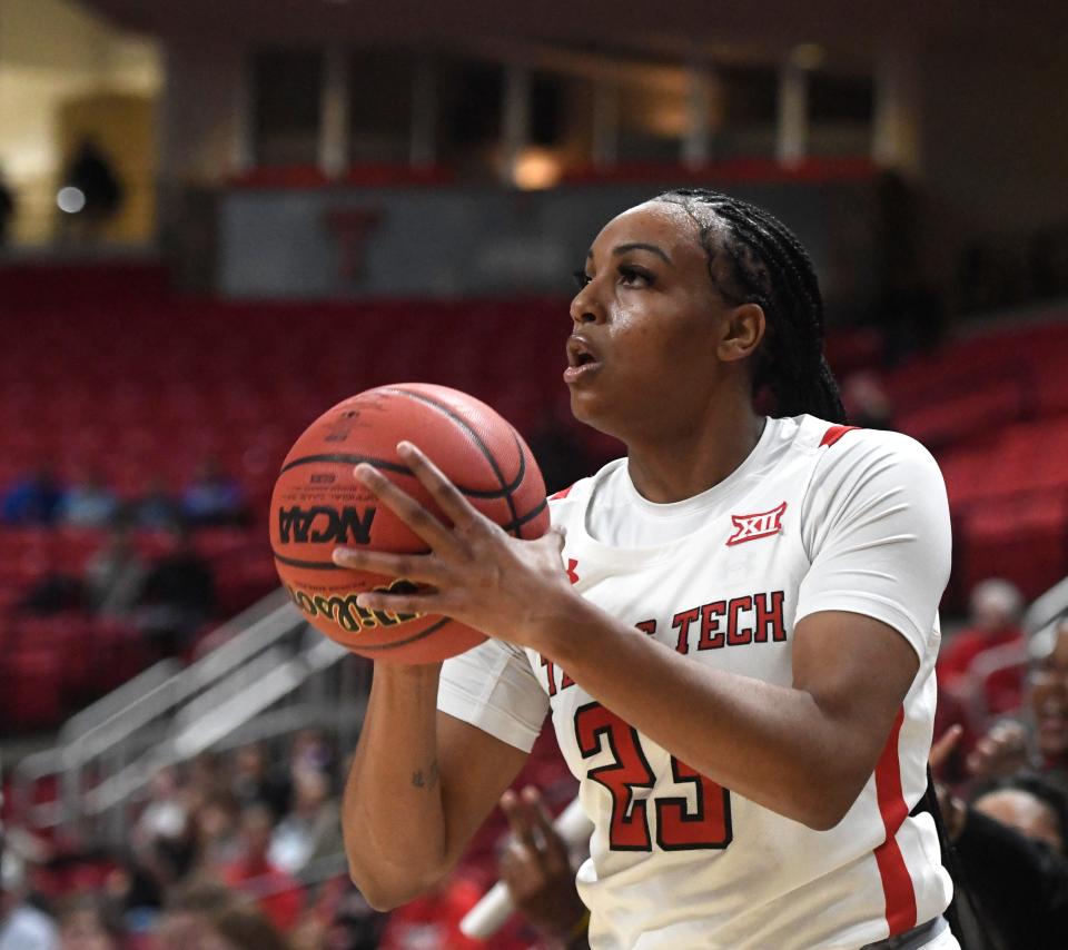 Texas Tech's guard Bre'Amber Scott (23) prepares to shoot the ball against Alabama State in a non-conference basketball game, Thursday, Dec. 1, 2022, at United Supermarkets Arena. 