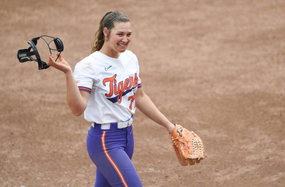 Clemson junior Valerie Cagle (72) smiles after the last out with Auburn University after the the game at McWhorter Stadium in Clemson Saturday, May 20, 2023. Clemson won 7-0.