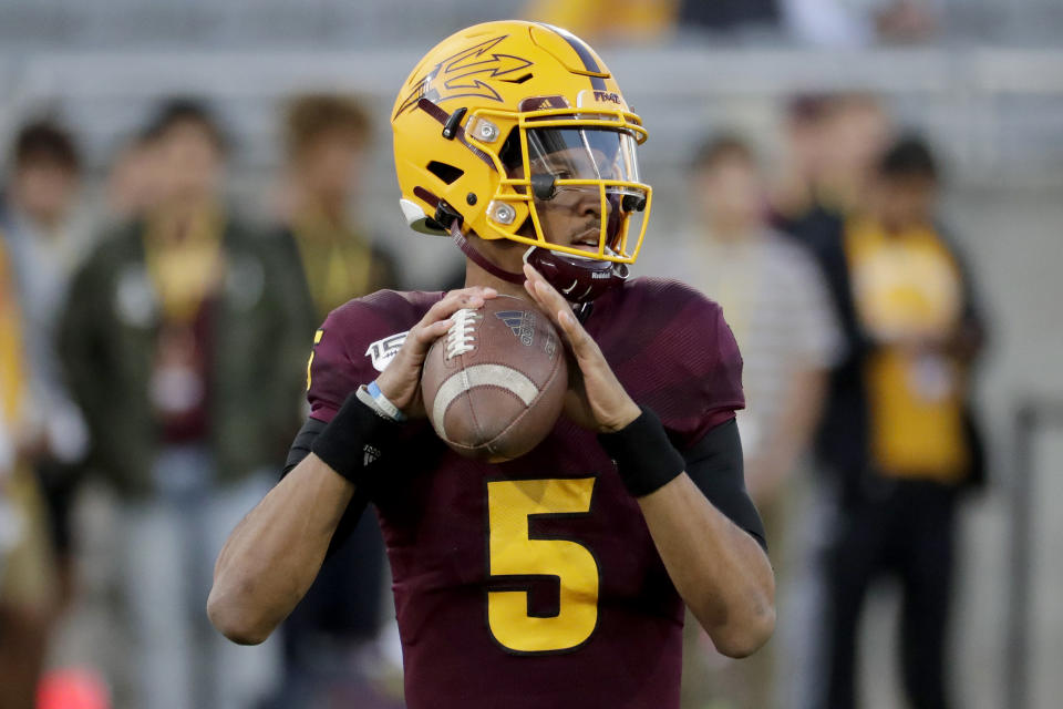 Arizona State and Jayden Daniels ruined Oregon's playoff hopes in 2019. (AP Photo/Matt York)