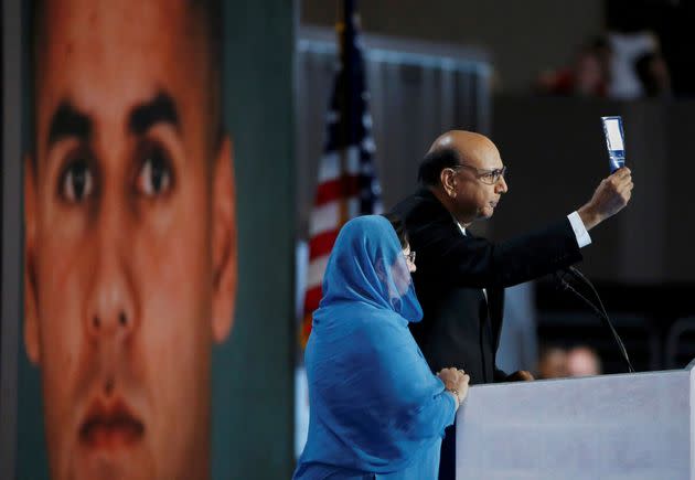 Ghazala and Khizr Khan, whose son Humayun was killed serving in the U.S. Army, challenges Republican presidential nominee Donald Trump to read his copy of the US Constitution at the Democratic National Convention in Philadelphia last week (Photo: Lucy Nicholson / Reuters)